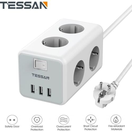 TESSAN 9 in 1 Multiple Socket Power Strip with Switch and 2M Cable, 6 AC Outlets, Socket Cube with 3 USB Ports for Home, Office