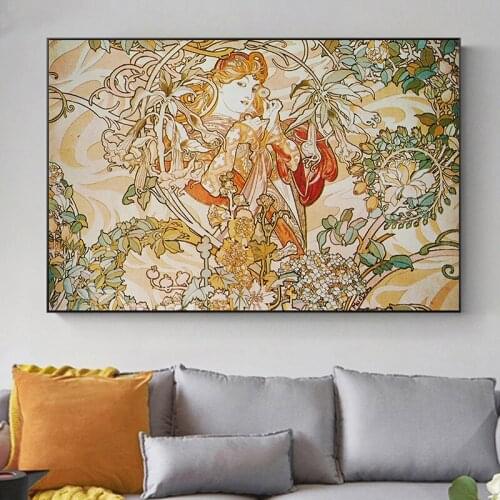 Alphonse Mucha Vintage Beauty Wall Art Posters and Prints Flower Woman Paintings Wall Art Cuadros Pictures for Home Decor