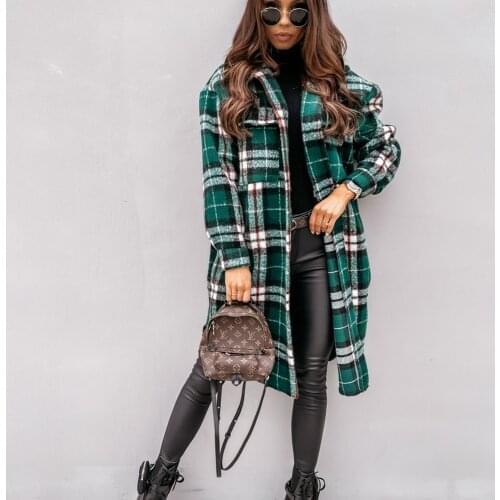 Autumn Winter Women Long-Sleeved Plaid Printed Shirt Jacket Fashion Loose Turn Down Collar Single-Breasted Long Shirt Coat Femme