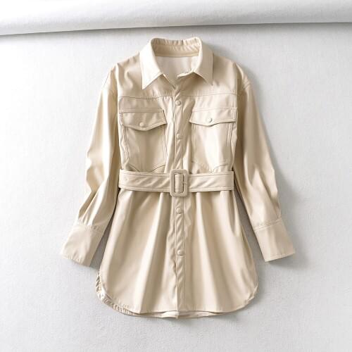 Women Fashion PU Leather Jacket Women Elegant Long Sleeve Tops With Belt Female Ladie Autumn Winter Temperament Business Blouses