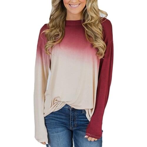 Hitmebox 2019 Womens Long Sleeve Gradient Tunic Tops Crew Neck Pullover Casual Loose Fit Ombre Color Tie Dye Print T-Shirts