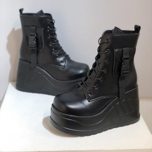 Brand Punk Goth Motorcyle Boots Platform Wedges Womens Boots Lace Up Trendy INS Hot Sale Chain 2021 Casual Luxury Womens Shoes