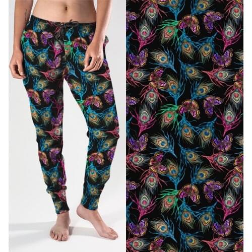 LETSFIND Women Jogger Colorful Peacock Feathers and Butterflies Embroidery Print Have Pocket Harem Pants Plus Size Streetwear