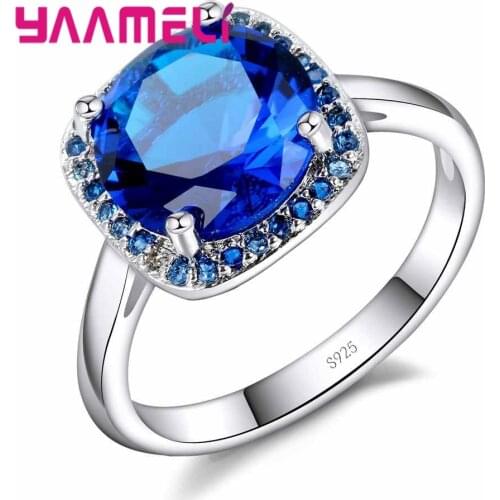 Brand Blue Stone Cubic Zirconia 925 Sterling Silver Ring For Women Crystal Embellishment Wedding Ceremony Party