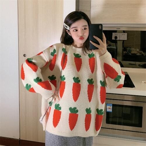 Winter Knitted Pullovers Womens Sweater Embroidery O-Neck Loose Carrot Ladies Korean Casual Sweaters Harajuku Kawaii Clothing