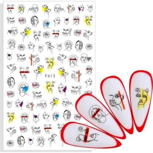 Abstract Lady Face Nail Decals Black Flower Leaf Water Transfer / Adhesive Sliders Paper Nail Art Decor Sticker Manicures Foils