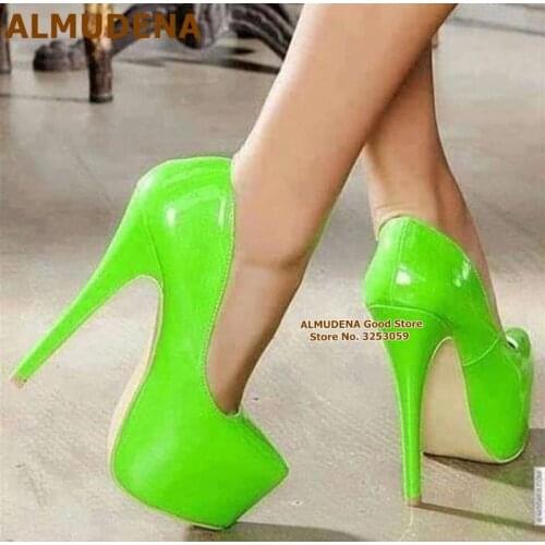 ALMUDENA Green Patent Leather 16cm High Heel Pumps Leopard Horsehair Platform Dress Shoes Red Heel Gladiator Party Shoes Size46