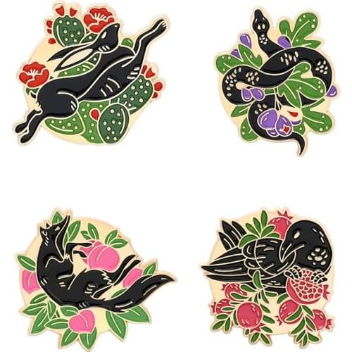 HOSENG 4Pcs Flower Animal Series Fox Crow Snake Rabbit Cartoon Brooch Elegant Shirt Jewelry Clothes Accessories Gift HS_104