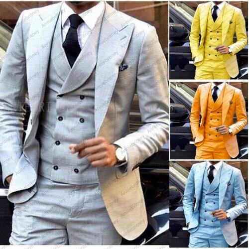 Light Gray Men Suits For Wedding Suit Man Peaked Lapel Bridegroom Custom Made Slim Fit Formal Groom Tuxedo Blazer Best Man Dress