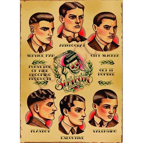 Mens Hairstyles Vintage Hairdresser Tattoos Posters Kraft Paper Interior Painting Restoring Wall Sticker Barber Shop Home Decor