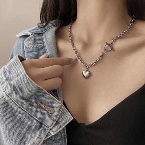 IPARAM Punk Metal Heart OT Buckle Chain Necklace Womens Retro Silver Color Thick Chain Collar Pendant Necklace Bohemian Jewelry