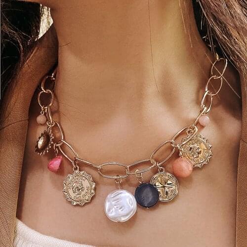 Boho Statement Gold Color Big Chains Baroque Pearls Portrait Shell Pendant Necklace for Women Girls Beach Necklaces