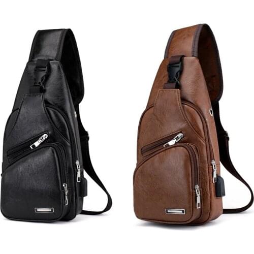 Mini USB Interface Plenty of Space Mens Casual Bag Fashion Outdoor Sling Bag Travel Day Pack PU Leather Chest Bag Crossbody Bag