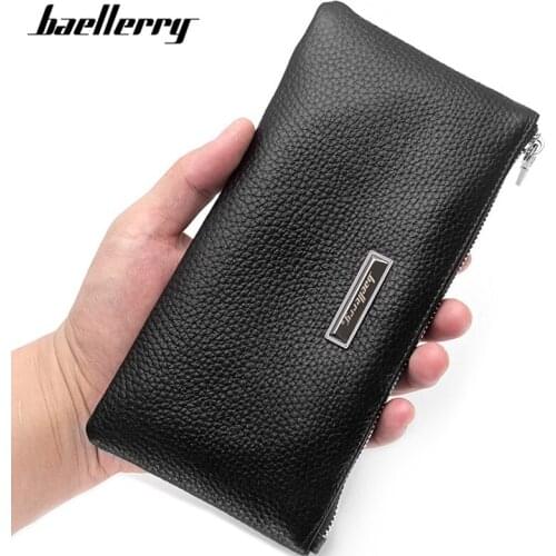 Casual Clutch Wallet Male Zipper Solid Genuine Leather Long Wallets Credit Card Phone Pocket Big Capacity Mens Purses