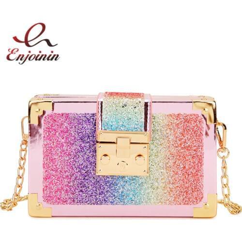 Luxury Fashion Gradient Color Sequins Box Style Party Clutch Bag Shoulder Chain Bag Crossbody Bag for Women 2020 New Evening Bag