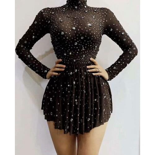 Crystal Dance Costume Women Birthday Celebrate Party Outfit Show Stage Wear Sexy Transparent Rhinestones Long Sleeve Mini Dress