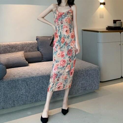 Sexy Sling Long Dresses Summer Seaside Holiday Print Dress Vintage Sleeveless Slim Party Dress