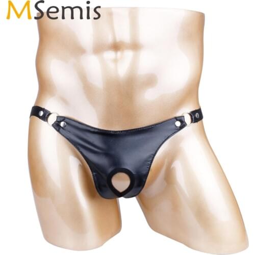 Mens Wetlook Faux Leather Lingerie Sexy Sissy Panties G-string T-Back Micro Bikini Thong Gay Open Butt Underwear with Penis Hole