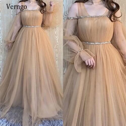 Verngo A Line Champagne Puff Long Sleeves Tulle Prom Dresses Plus Size Beading Crystal Sash Burgundy/Green Formal Evening Gowns