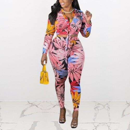 Sexy Pants Sets for Womens Pink Printed Full Sleeve Shirts & Pencil Pants Skinny Fashion High Street Wear Outfits Matching Sets