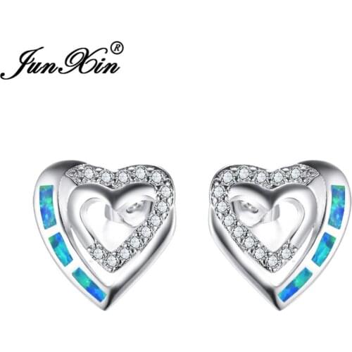 JUNXIN Elegant Blue Fire Opal Stud Earrings Women Hollow Heart Cubic Zirconia Earrings Silver Color Jewelry