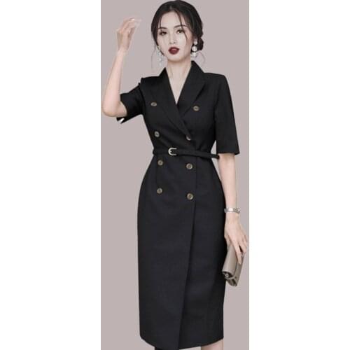Office Lady Black Notched Collar Blazer Dress Women Luxury Double Breasted Knee-Length Pencil Dress Belt Elegant Casual C753