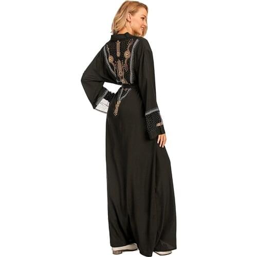 Mesh Fabric Stitching Hot Drilling Muslim Cardigan Robe Women Clothings Long Sleeve Open Abaya Dubai Long Maxi Dresses TA1824
