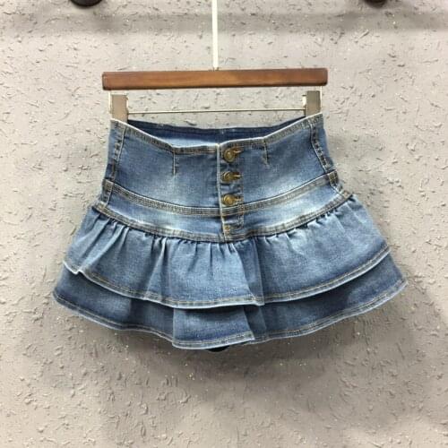 2021 Spring Summer Fashion Women High Waisted Bleached Ruffled Blue Denim Skirt , Woman Korean Style Jeans Skirts