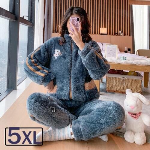 5XL Winter Womens Warm Home Clothes Sleepwear Ladies Flannel Thick Coral Fleece Cute Cartoon Pajamas Large Size Woolen Pijama