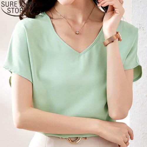 Office Lady Satin Blouse Women Short Sleeve Blouse Solid V-neck 2021 New Plus Size Loose Imitation Silk Chiffon Blouses 13880