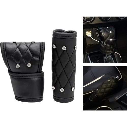 2Pcs/Set Luxury Diamond Auto Hand Brake Cover and Car Gear Shift Knob Cover Car Styling Leather Black Suit For All Car