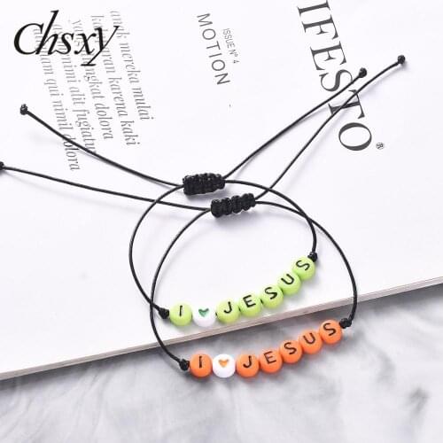 CHSXY Sweet Candy Colors I Love Jesus Letter Beads Bracelet Minimalist Adjustable Rope Thin String Bracelet Christian Holy Gift