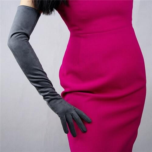 60cm Suede Leather Long Gloves Dark Grey Matte Scrub Suede Emulation Leather Sheepskin Female Models Free Shipping WJP13-60