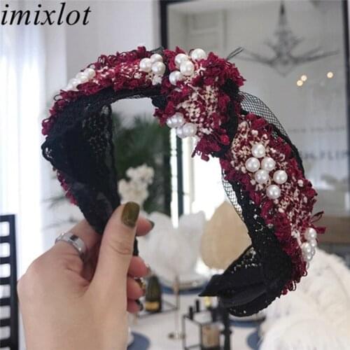 Imixlot Elegant Charm Women Lace Knotted Wide Headband Fashion Bohemian Simulated Pearl Non-slip Hair Hoop Accessories