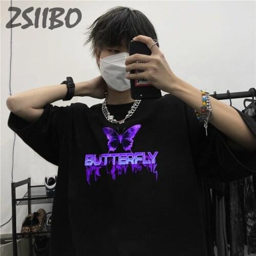 Men Hip Hop Oversize T Shirt Unisex Butterfly Letter Printing Harajuku Color Short Sleeve T-Shirt Streetwear Tops Summer Tees