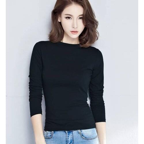 95% Cotton Women T-shirt O-neck Long Sleeve women shirt All match Lady Top Black White Gray Yellow Shir