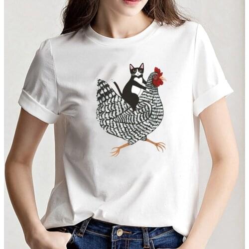 Womens T-shirt Cat Riding Chicken 3D Print Short Sleeve T Shirt Female Harajuku Summer Casual O Neck Oversized T-Shirt Tops Tee