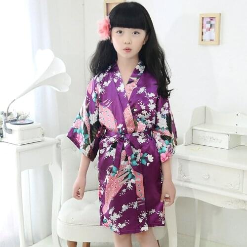 Kimono bathrobe kids flower girl bridesmaid peacock robes knee length children sleepwear nightgown girl stain silk robes 4-13T