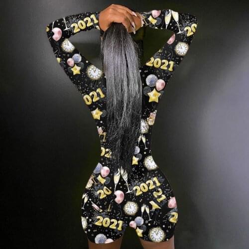 2021 New Womens Playsuit V-neck High Waist Letter Pattern Printing Button Romper Long Sleeve One-Piece New Year Home Clothing