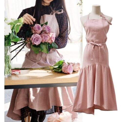 Brief Nordic Wind Mermaid Fairy Cotton Linen Cooking Kitchen Apron For Woman Dress Flower Shop Smock Hairdresser Bib