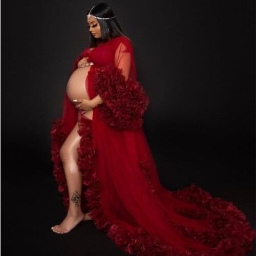 Red Maternity Gowns for Babyshower Ruffled Wedding Sleepwear Bathrobes Nightgowns Maternity Dress Photo Shoot Props