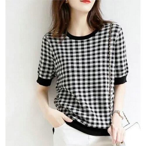 Fashion Knitted T Shirt Women 2021 Vintage Black White Lattice Short Sleeve Tshirts Female Casual Loose O Neck Plaid Tee Tops