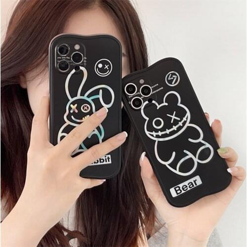 Funny Cute Colorful Lines Rabbit Bear Phone Cases For iPhone 12 mini 11 Pro Max X XR XS Max 7 8 Plus Fashion Couple Soft Cover