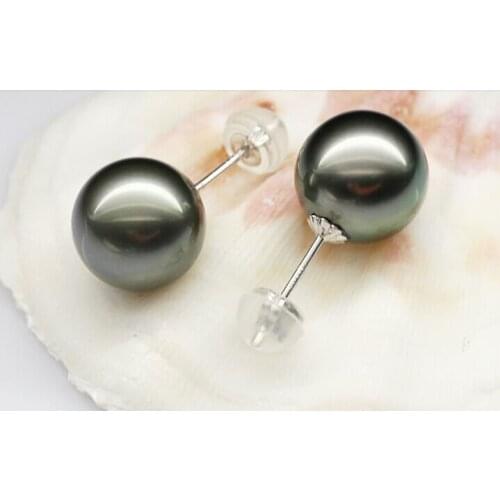 Charming AAA10-11mm tahitian black pearl earring 18k yellow gold