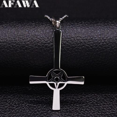Inverted Cross Occult Pentagram Stainless Steel Chain Necklace Women Satanic Gothic Satan Necklace Jewelry colgante N642S03
