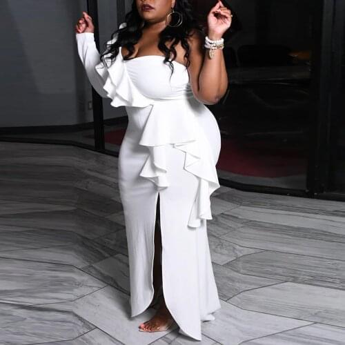 4XL 5XL Plus Size Party Dresses for Womens White One Shoulder Ruffles Bodycon High Split Elegant Evening Night Dinner Vestidos