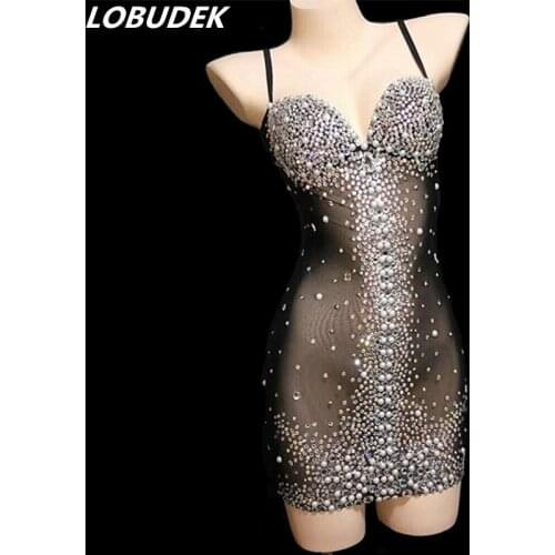 Colorful Pearl Rhinestones Black Mesh See-through Dress Nightclub Women DJ Singer Party Costume Show Sexy Perspective Short Drss