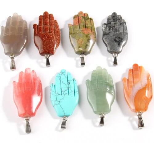 12*55mm Hand Shaped Turquoise Aventurine Natural Stone Pendants Charms For Necklaces Making Wholesale All Mixed Material Charms