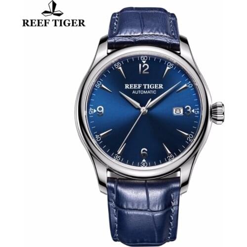 Reef Tiger/RT Mens Dress Automatic Watches Stainless Steel Blue Dial Leather Strap Date Watch Sapphire Glass Clock