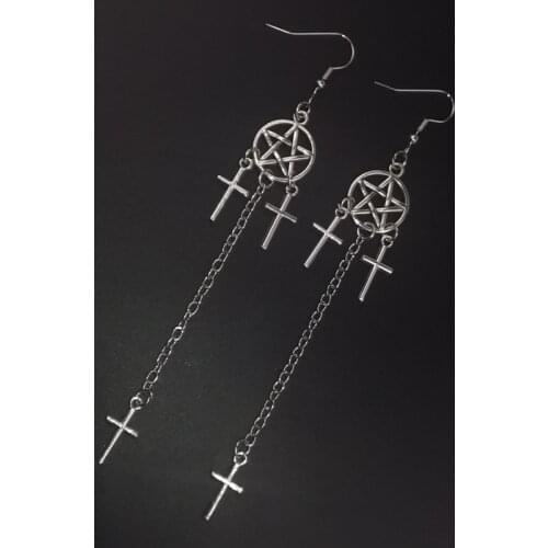 Pentagram Cross Earrings Silver Plated Hug Hoop Pendant Witch Jewelry Pagan Wiken Tarot Card Gothic Emo Womens Gift